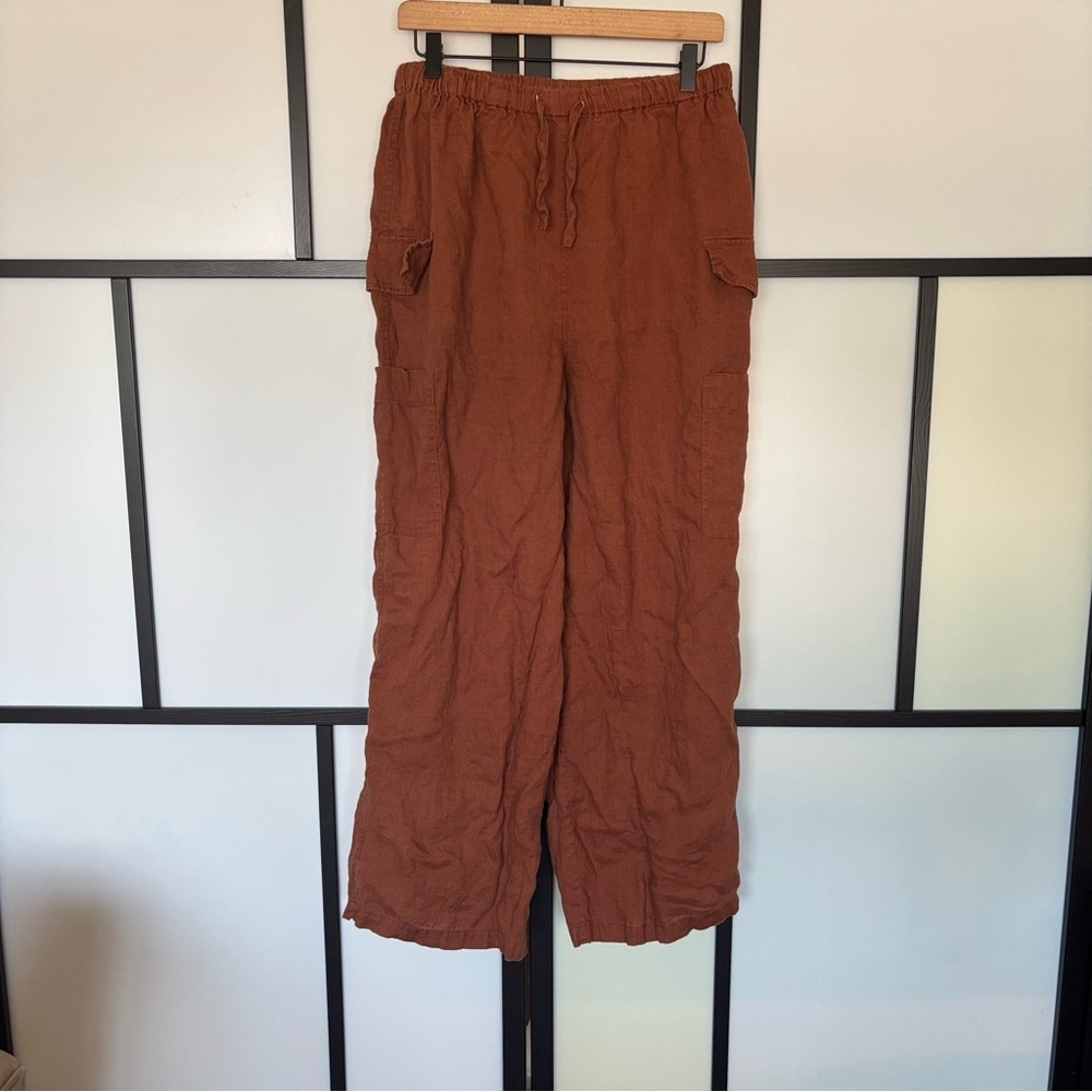 Magaschoni Womens Linen Pants Size Large Brown High Rise capsule Beach Lagenlook